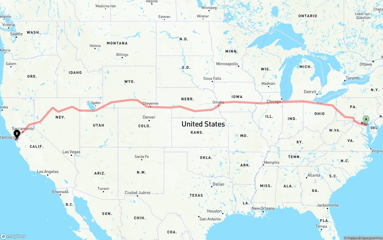 Shipping route from Baltimore to Oakland