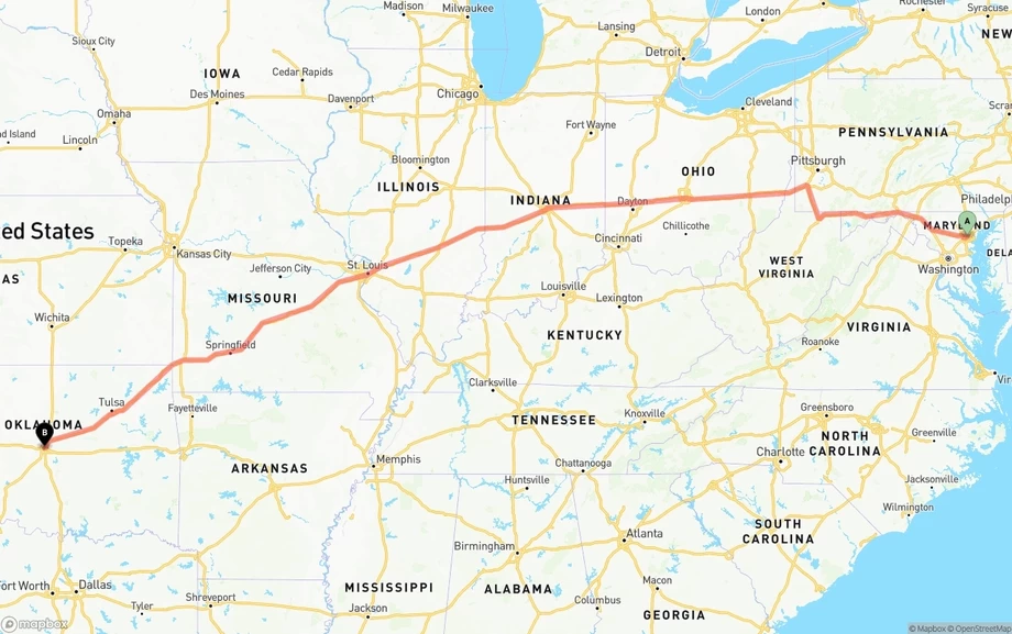 Baltimore to Oklahoma City freight shipping route map