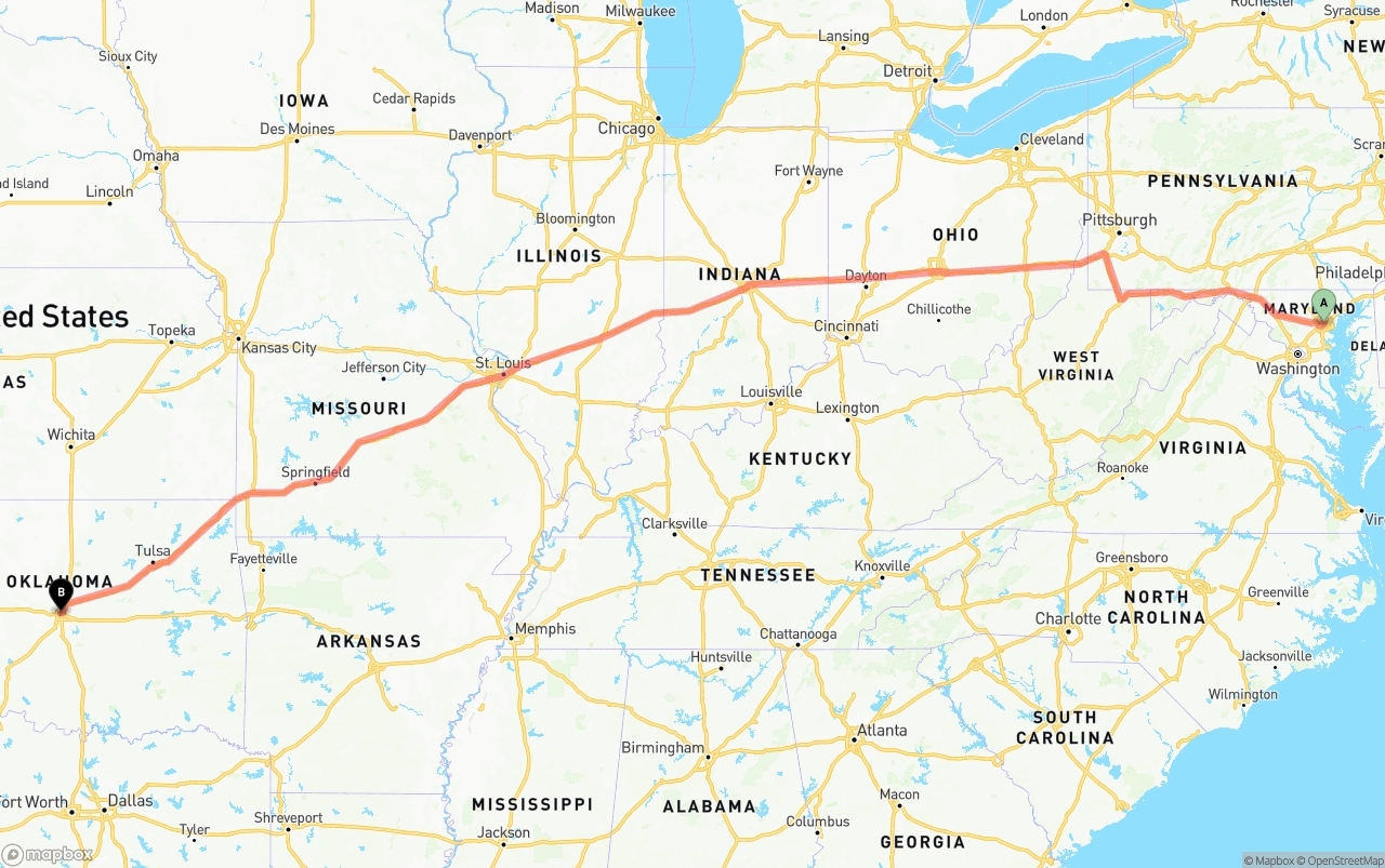 Shipping route from Baltimore to Oklahoma City