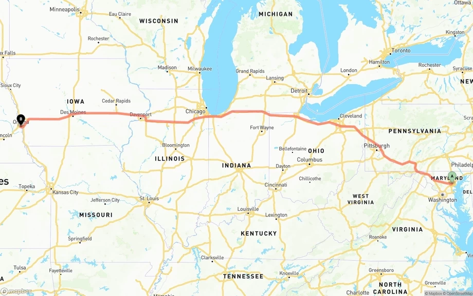 Baltimore to Omaha freight shipping route map
