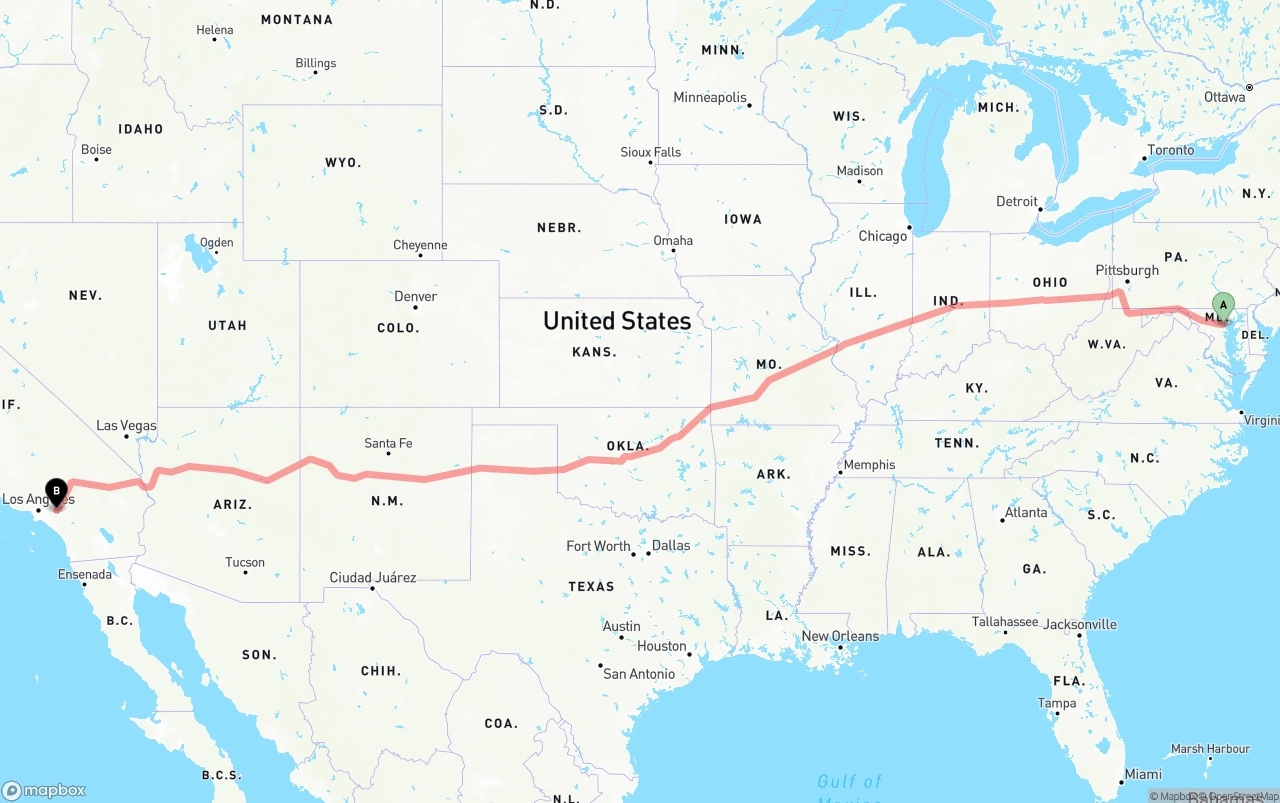 Shipping route from Baltimore to Ontario International Airport