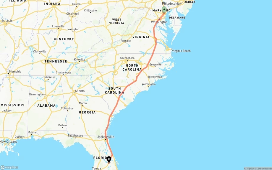 Baltimore to Orlando freight shipping route map