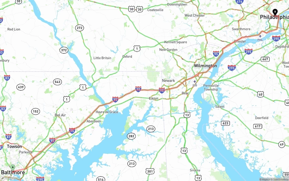 Baltimore to Philadelphia freight shipping route map