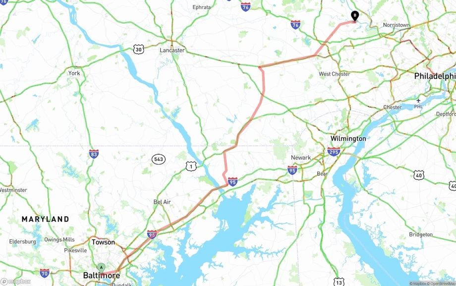 Baltimore to Phoenix freight shipping route map