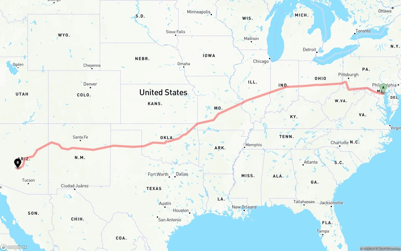 Shipping route from Baltimore to Phoenix Sky Harbor International Airport