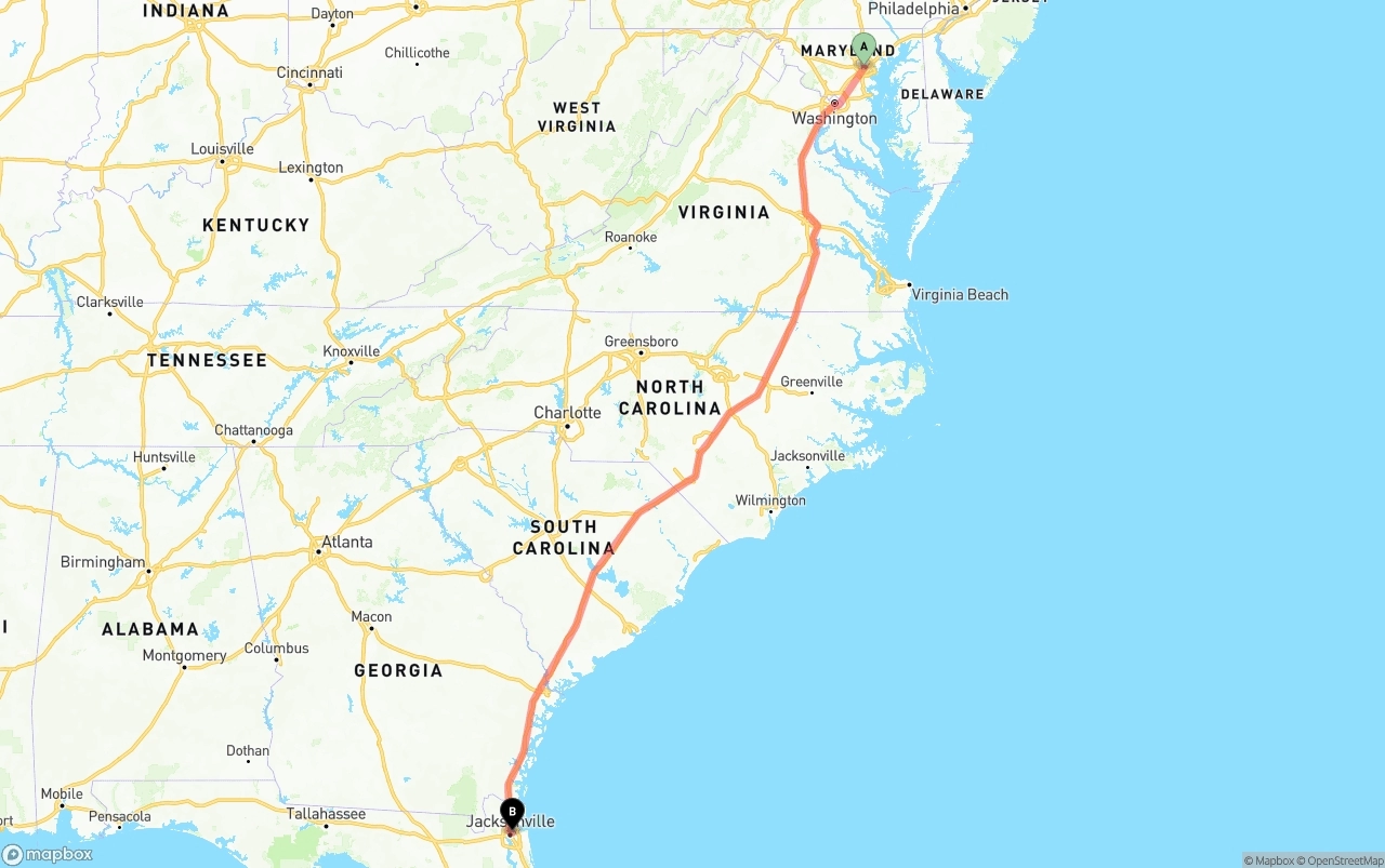 Shipping route from Baltimore to Port of Jacksonville