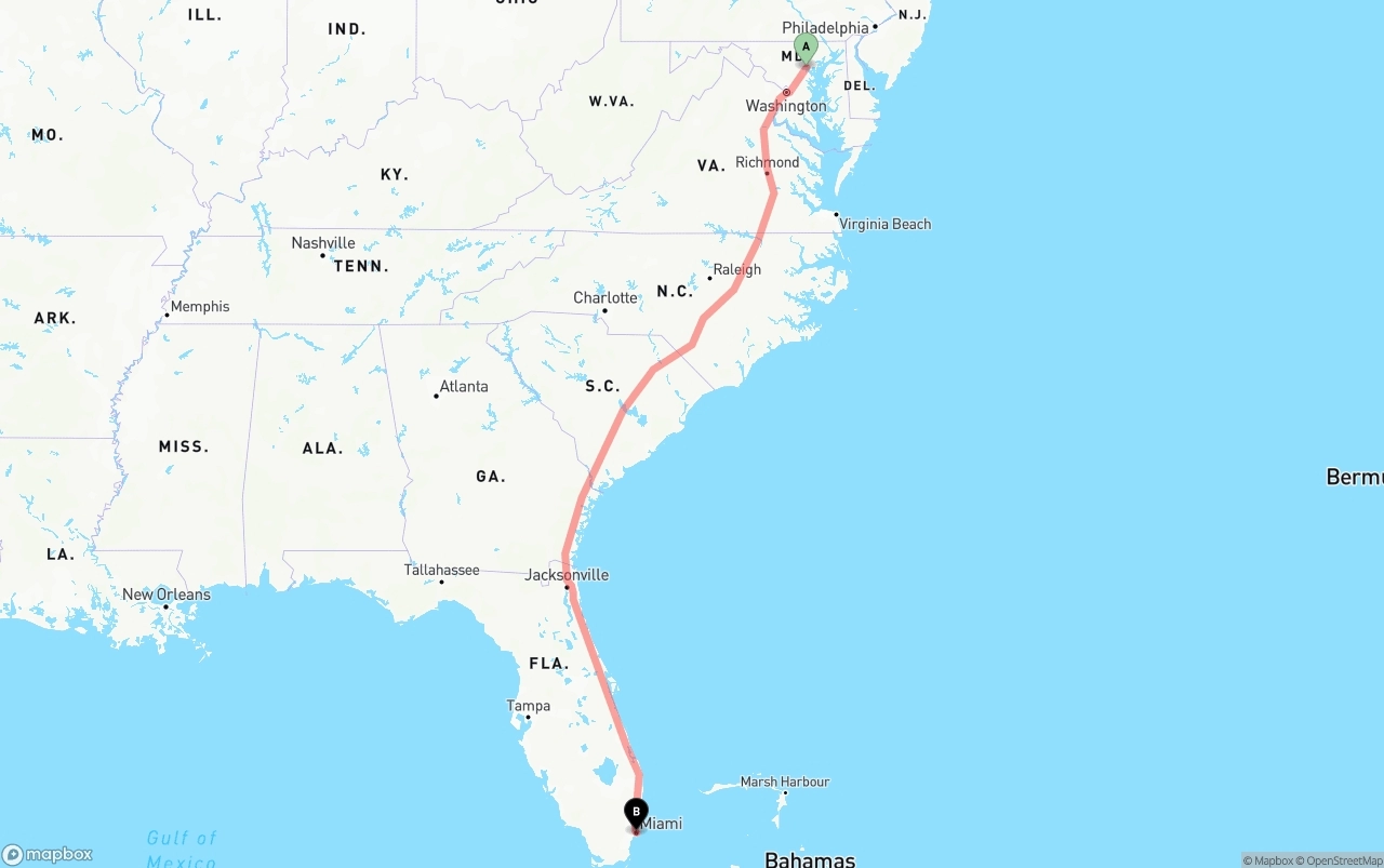 Shipping route from Baltimore to Port of Miami