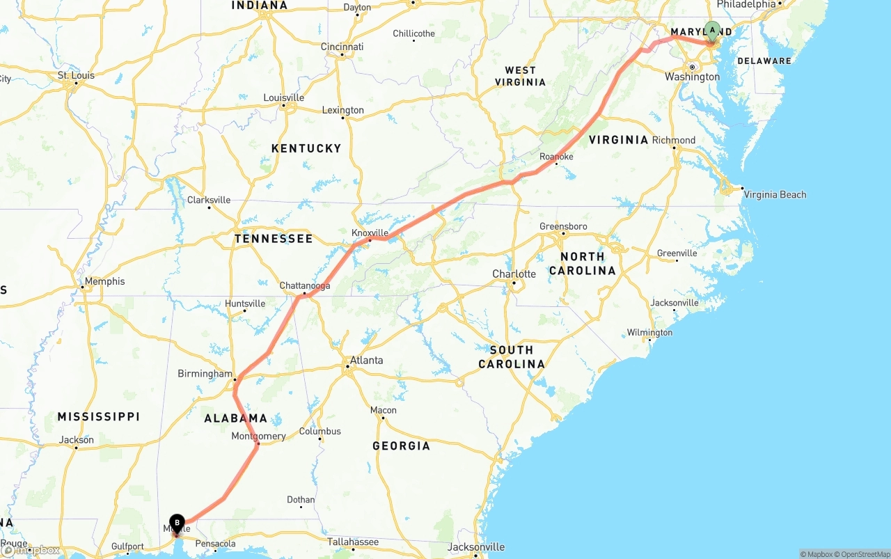 Shipping route from Baltimore to Port of Mobile