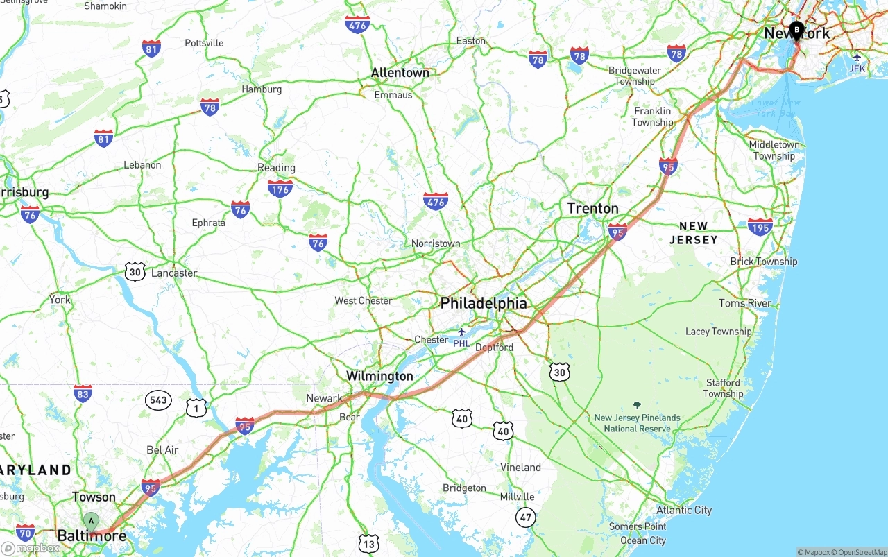 Shipping route from Baltimore to Port of New York