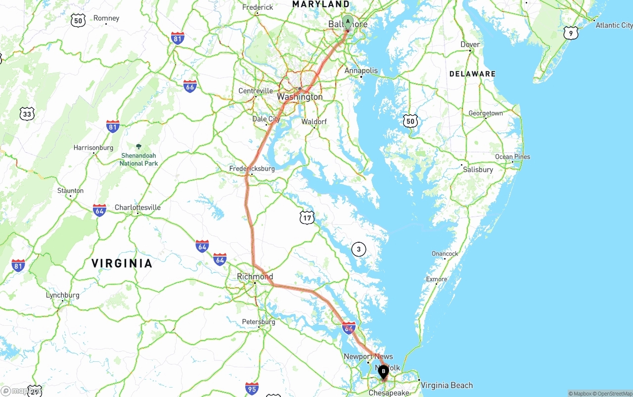 Shipping route from Baltimore to Port of Norfolk