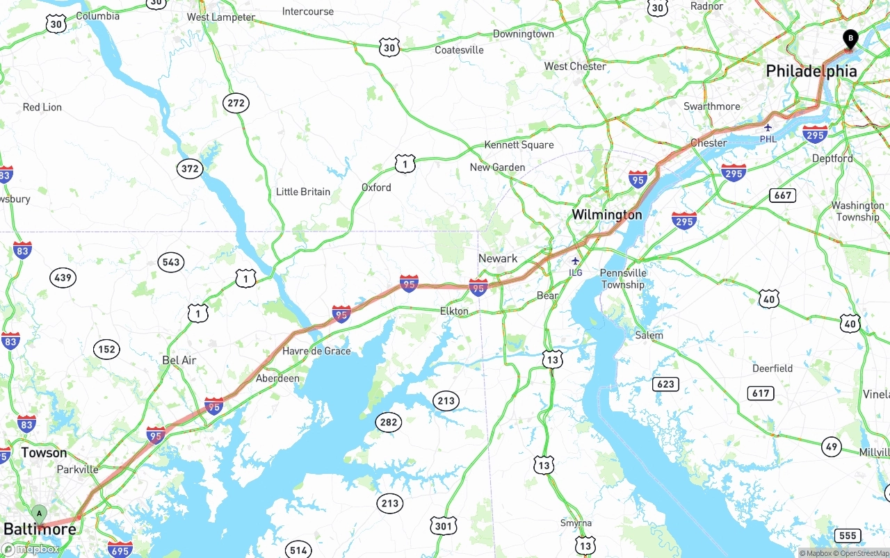 Shipping route from Baltimore to Port of Philadelphia