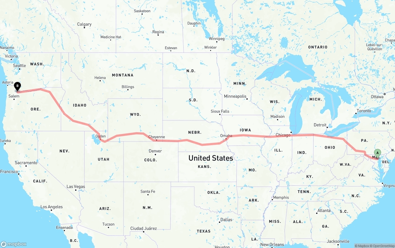 Shipping route from Baltimore to Port of Portland