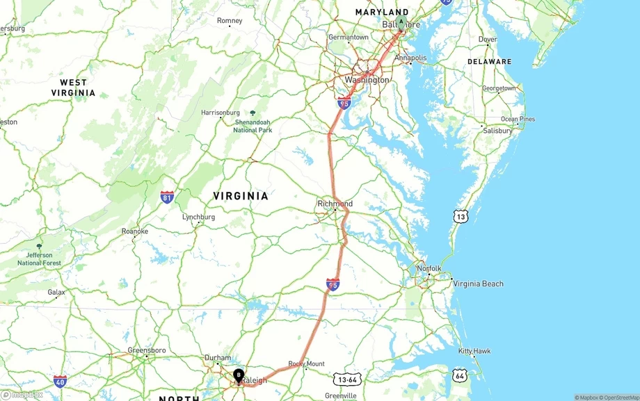 Baltimore to Raleigh freight shipping route map