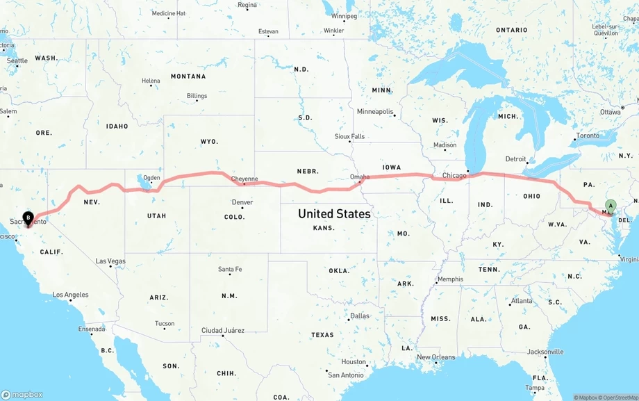 Baltimore to Sacramento freight shipping route map