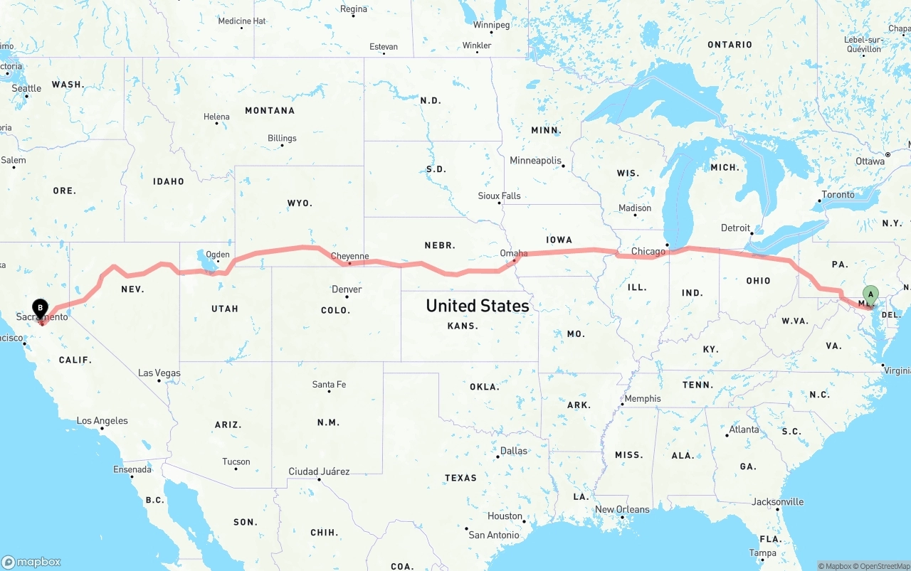 Shipping route from Baltimore to Sacramento International Airport