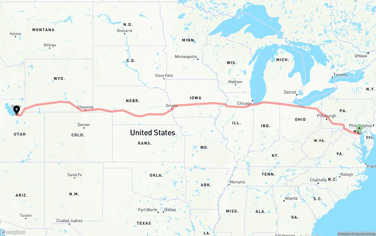 Shipping route from Baltimore to Salt Lake City