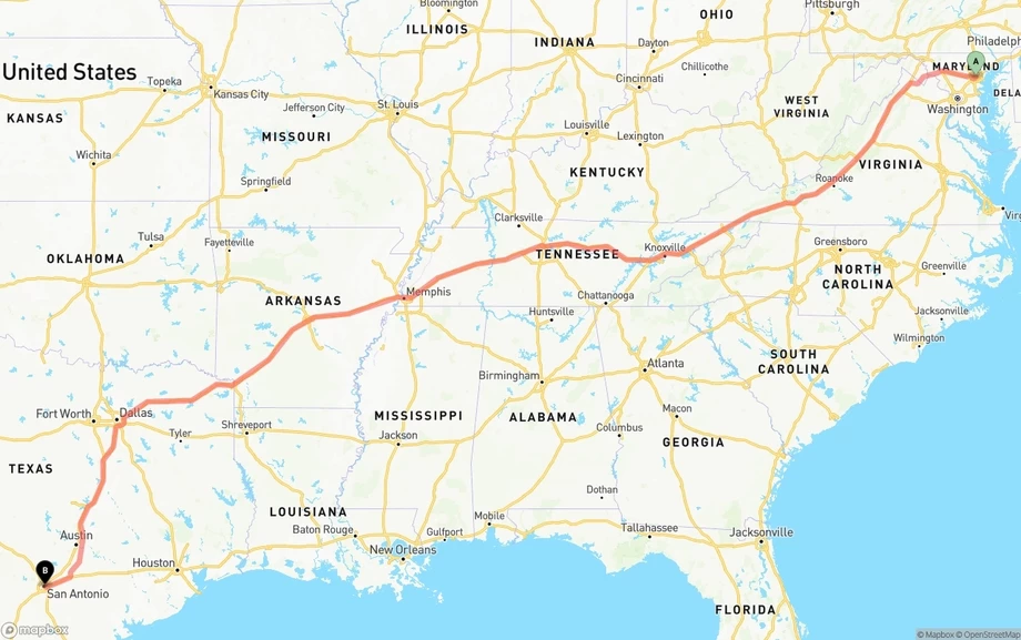 Baltimore to San Antonio freight shipping route map
