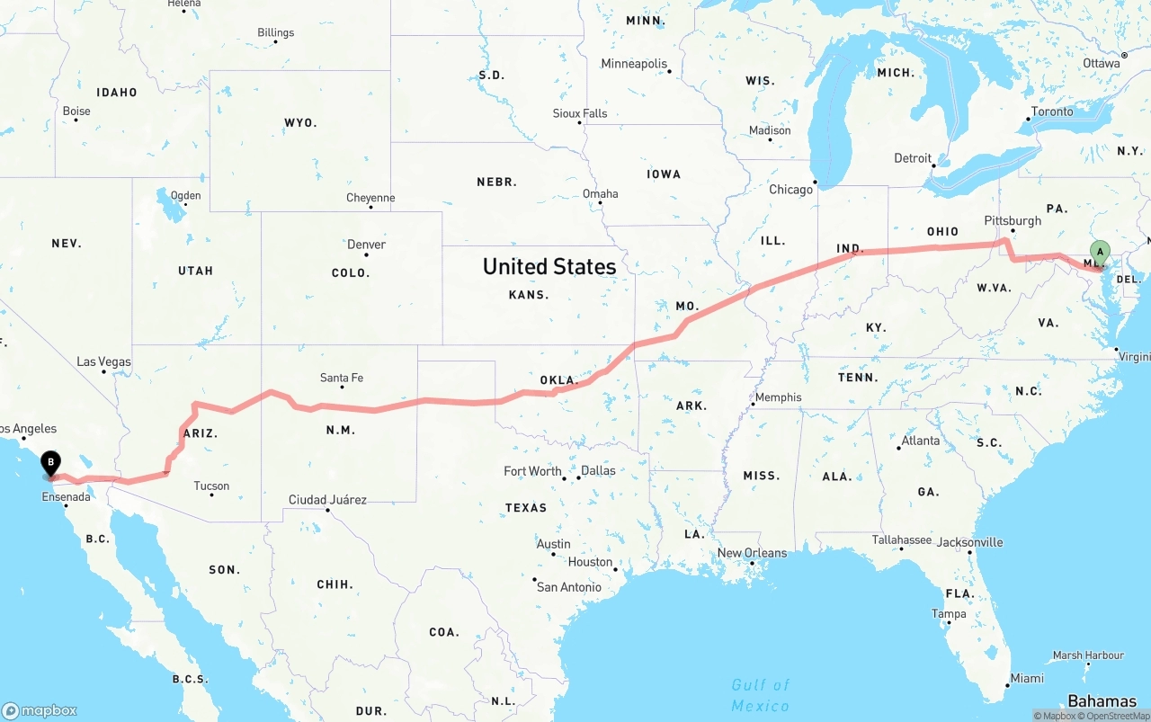 Shipping route from Baltimore to San Diego International Airport