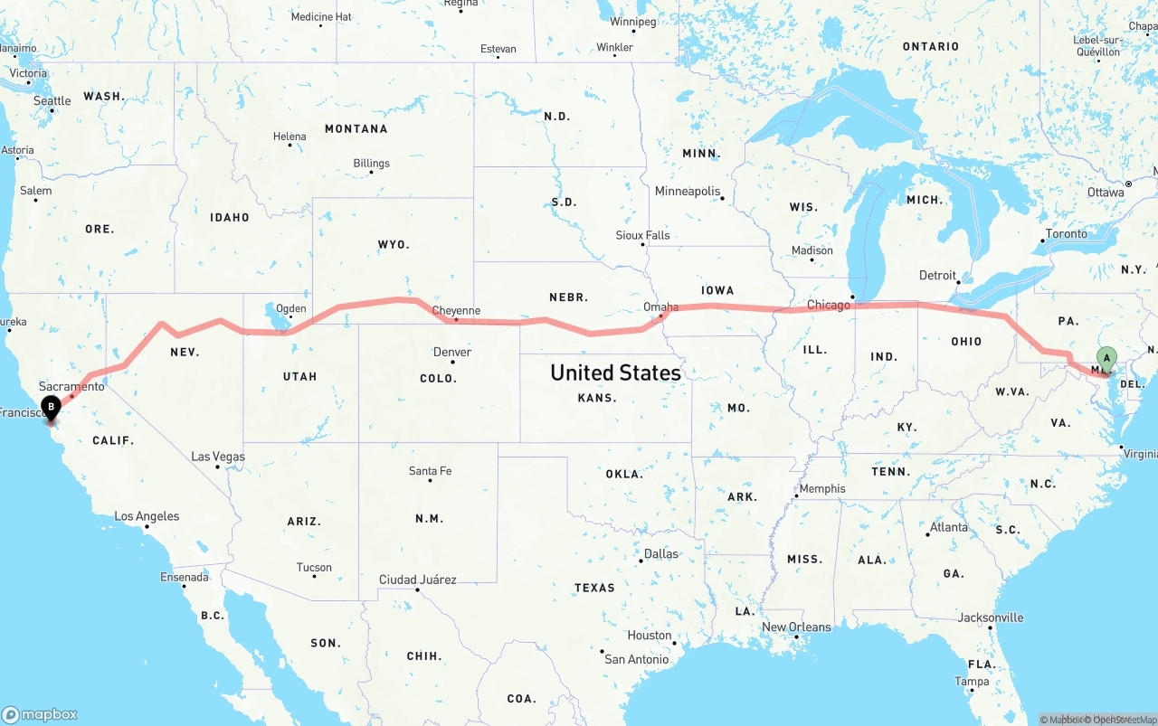 Shipping route from Baltimore to San Francisco International Airport