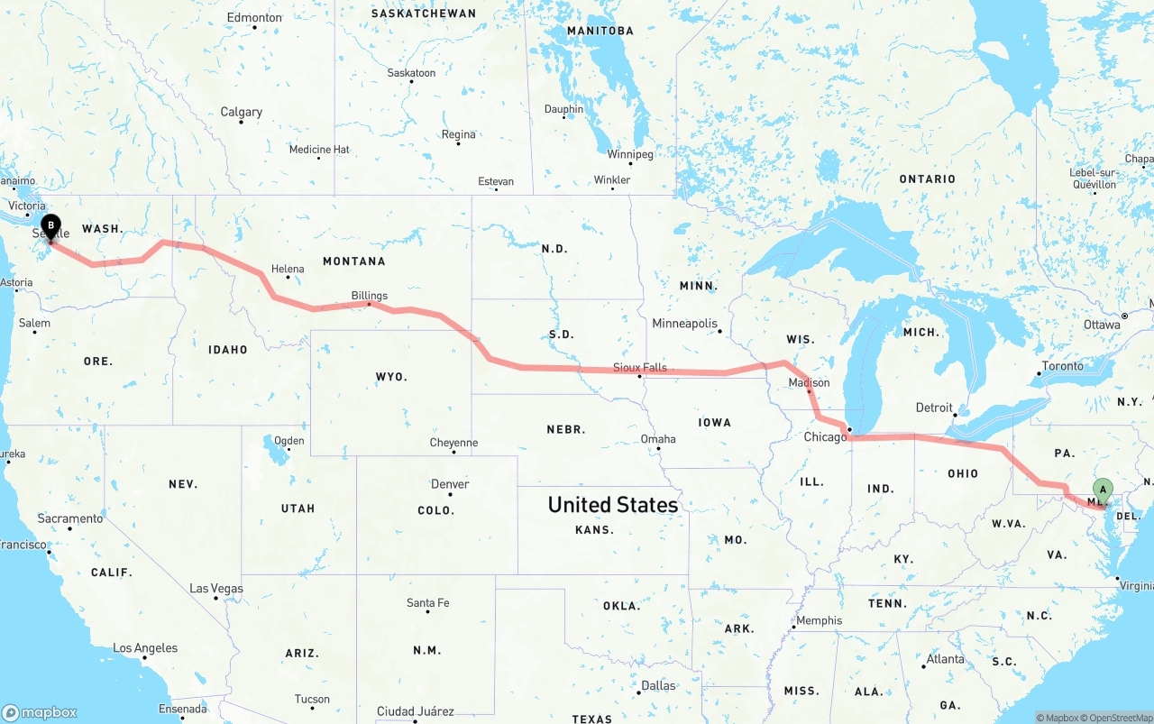 Shipping route from Baltimore to Seattle