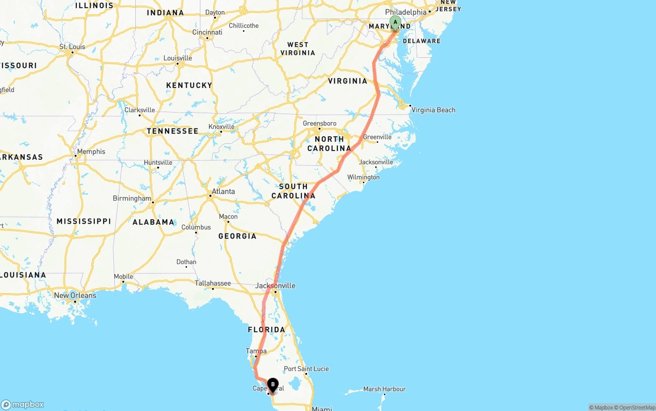 Shipping route from Baltimore to Southwest Florida International Airport