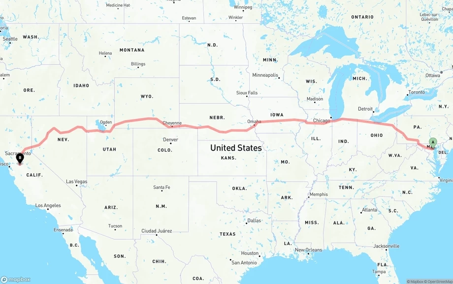 Baltimore to Stockton freight shipping route map