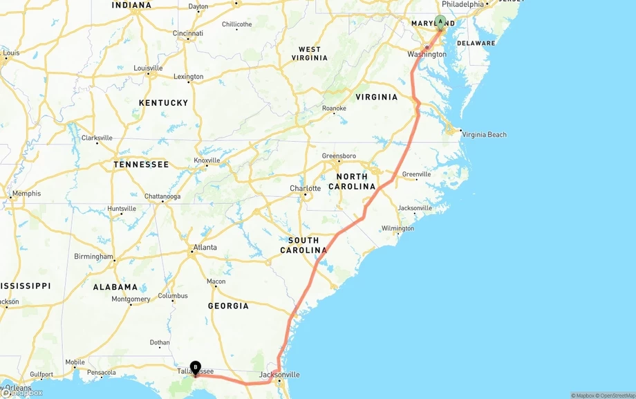 Baltimore to Tallahassee freight shipping route map