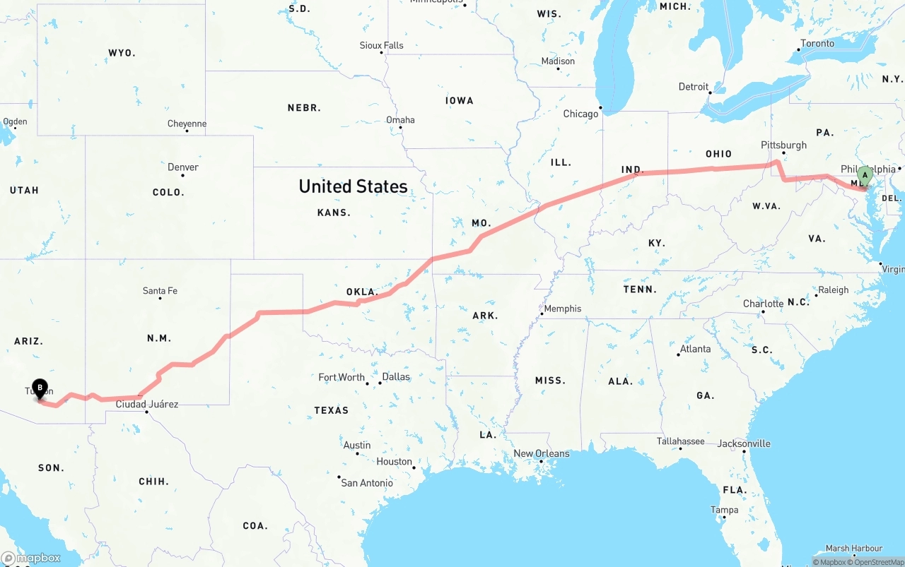 Shipping route from Baltimore to Tucson International Airport