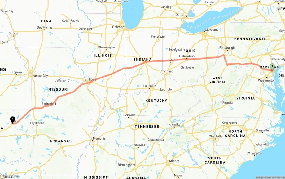 Baltimore to Tulsa freight shipping route map