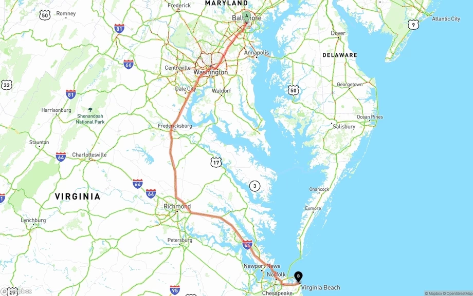 Baltimore to Virginia Beach freight shipping route map