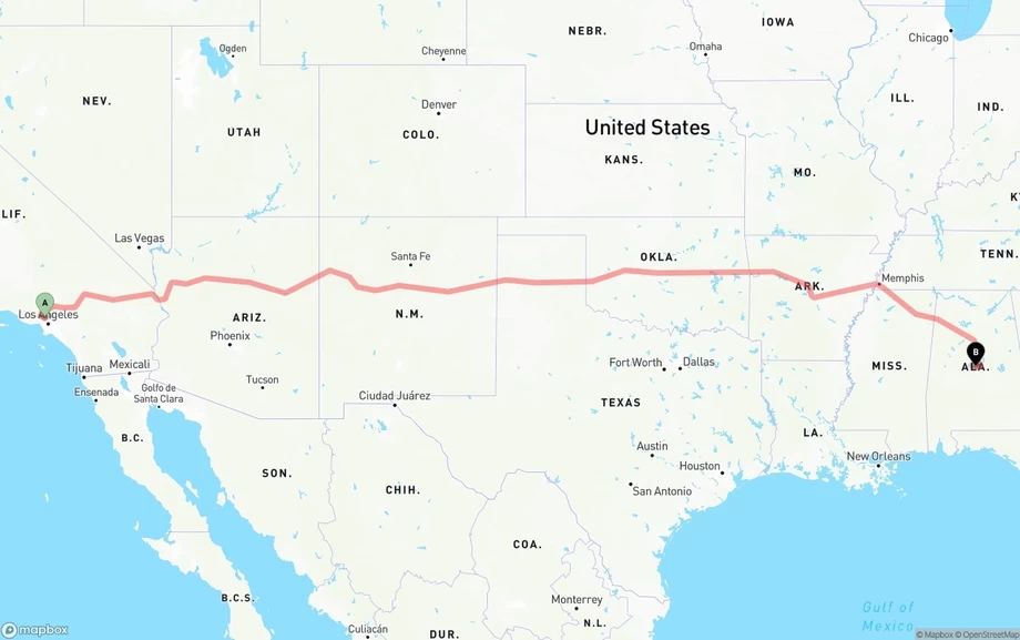 Bob Hope Airport to Alabama freight shipping route map