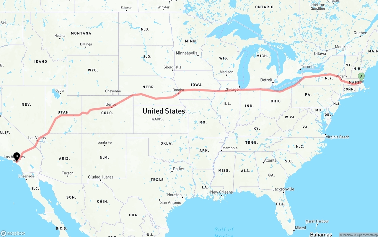 Shipping route from Boston to Anaheim