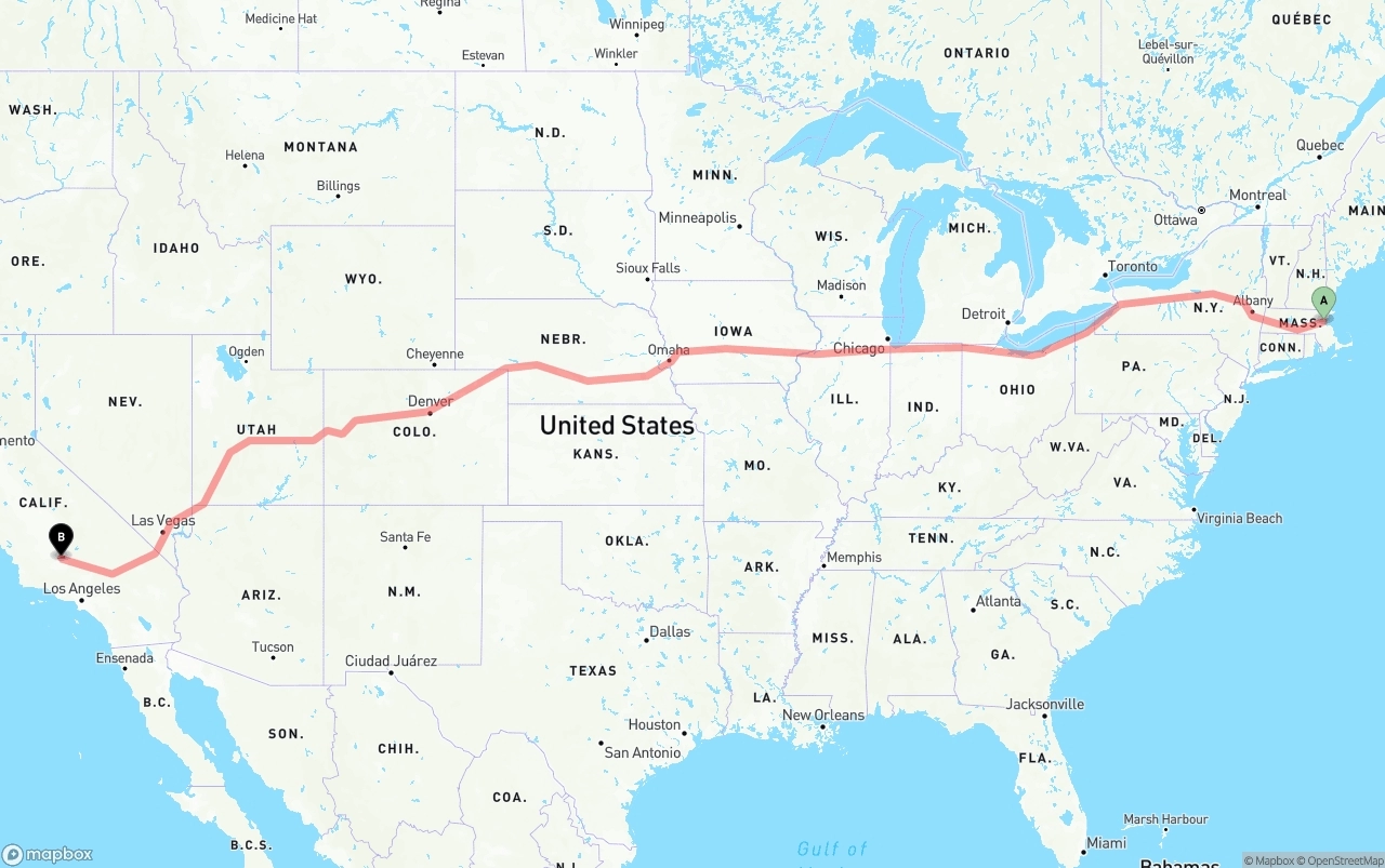 Shipping route from Boston to Bakersfield
