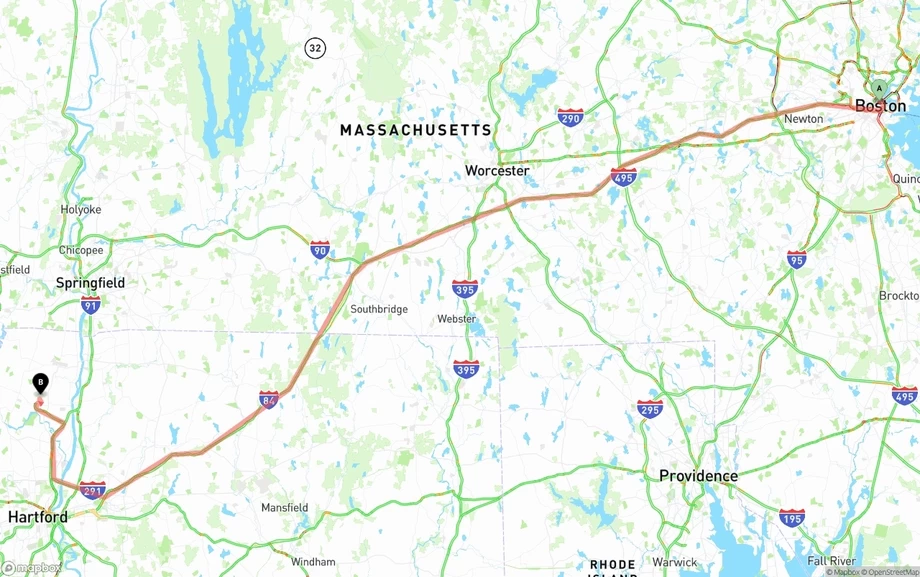 Boston to Bradley International Airport freight shipping route map