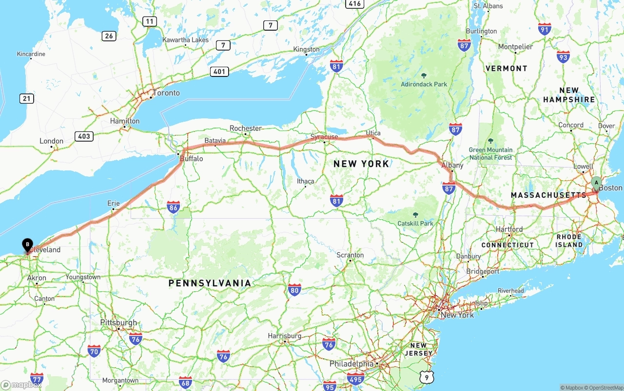Shipping route from Boston to Cleveland