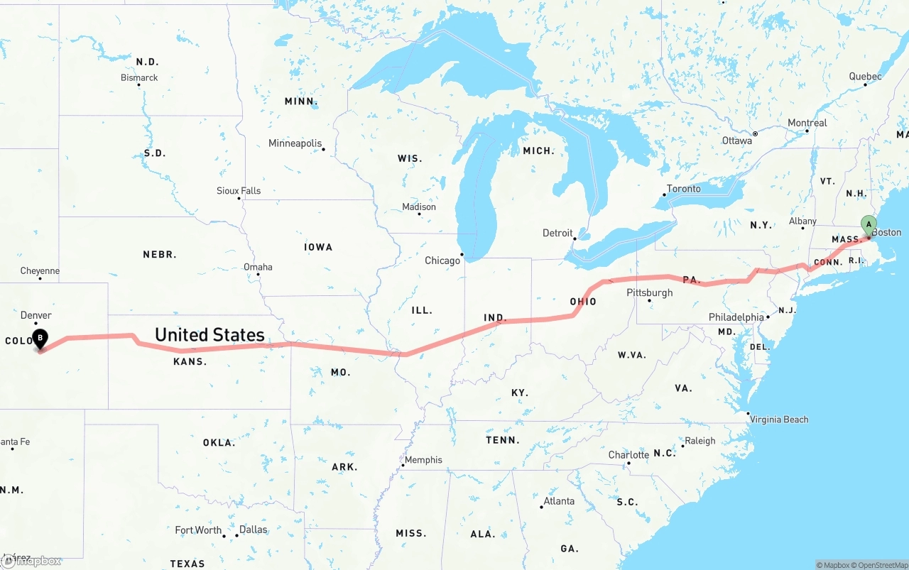 Shipping route from Boston to Colorado Springs