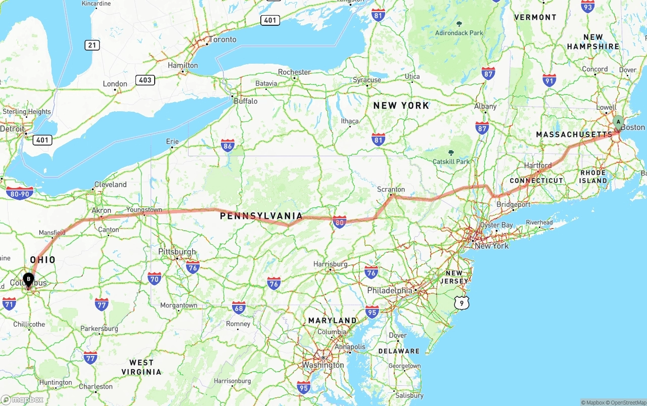 Shipping route from Boston to Columbus