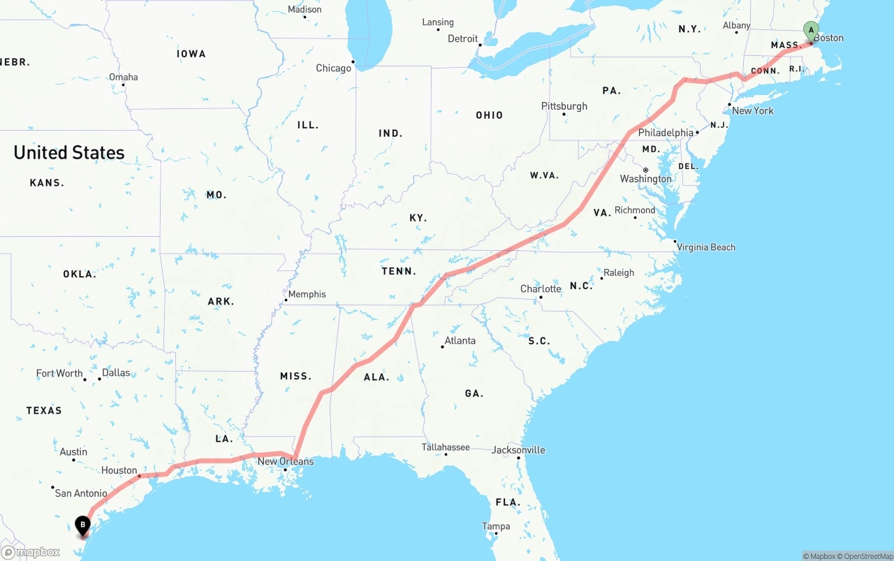 Shipping route from Boston to Corpus Christi