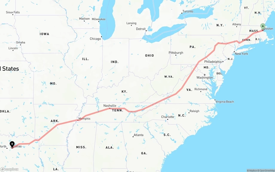Boston to Dallas freight shipping route map