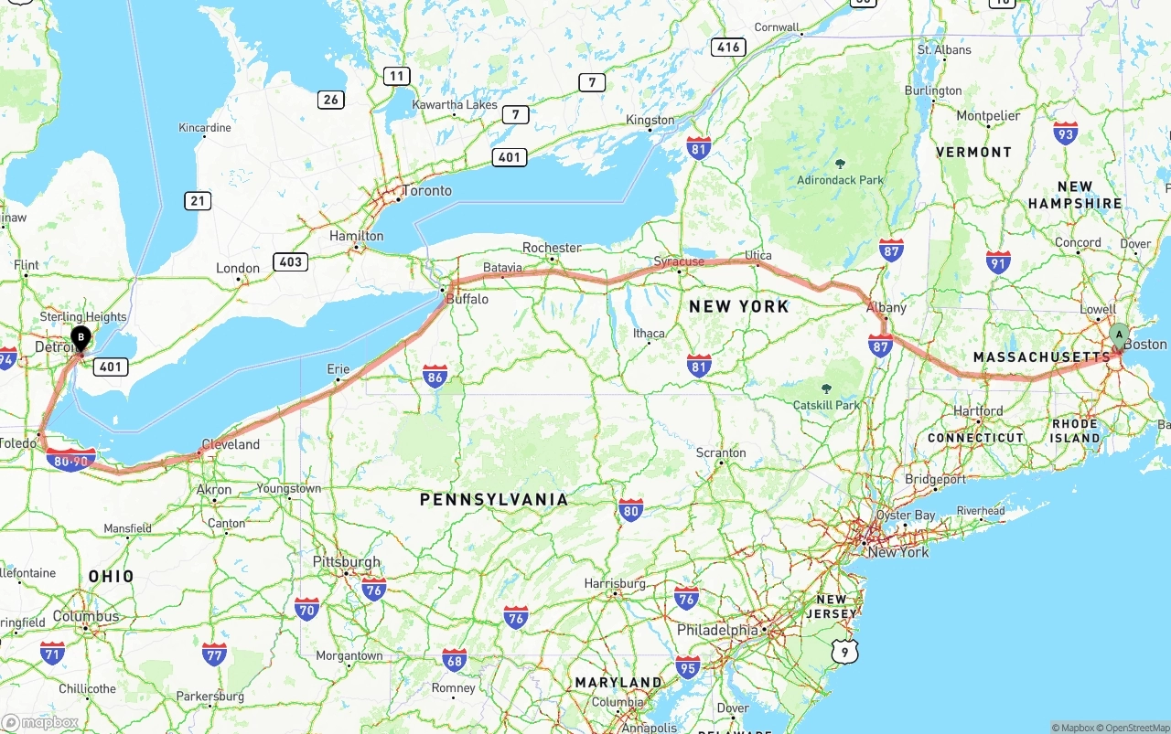Shipping route from Boston to Detroit