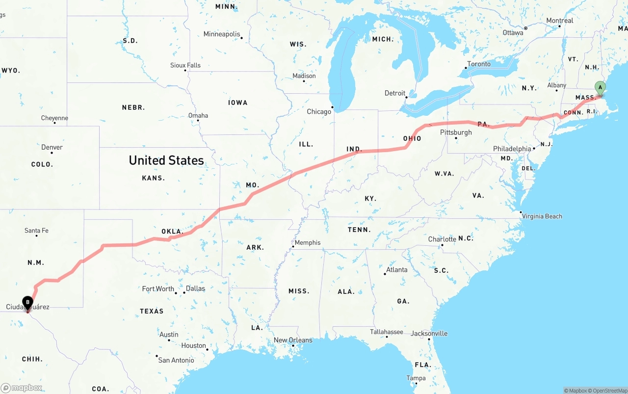 Shipping route from Boston to El Paso