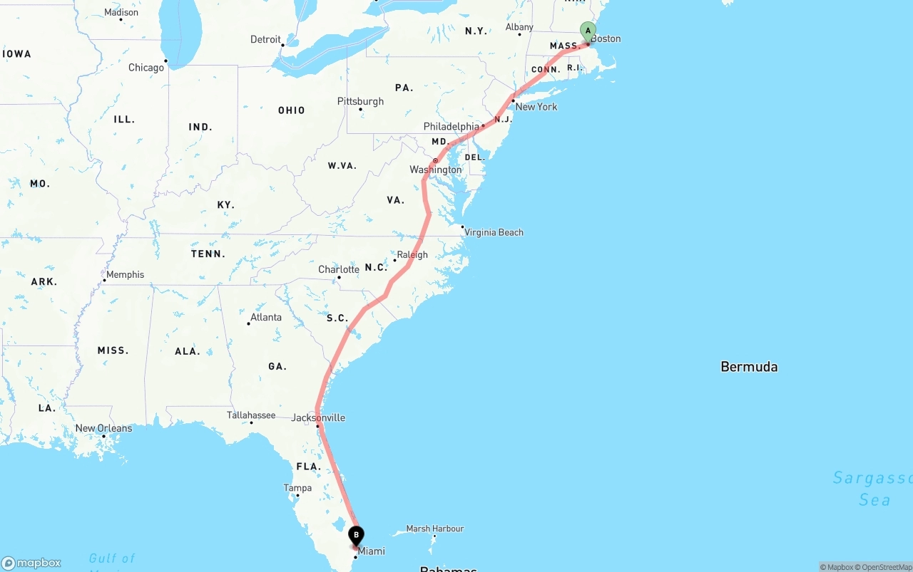 Shipping route from Boston to Fort Lauderdale-Hollywood International Airport