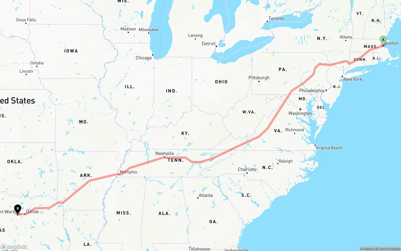 Shipping route from Boston to Fort Worth