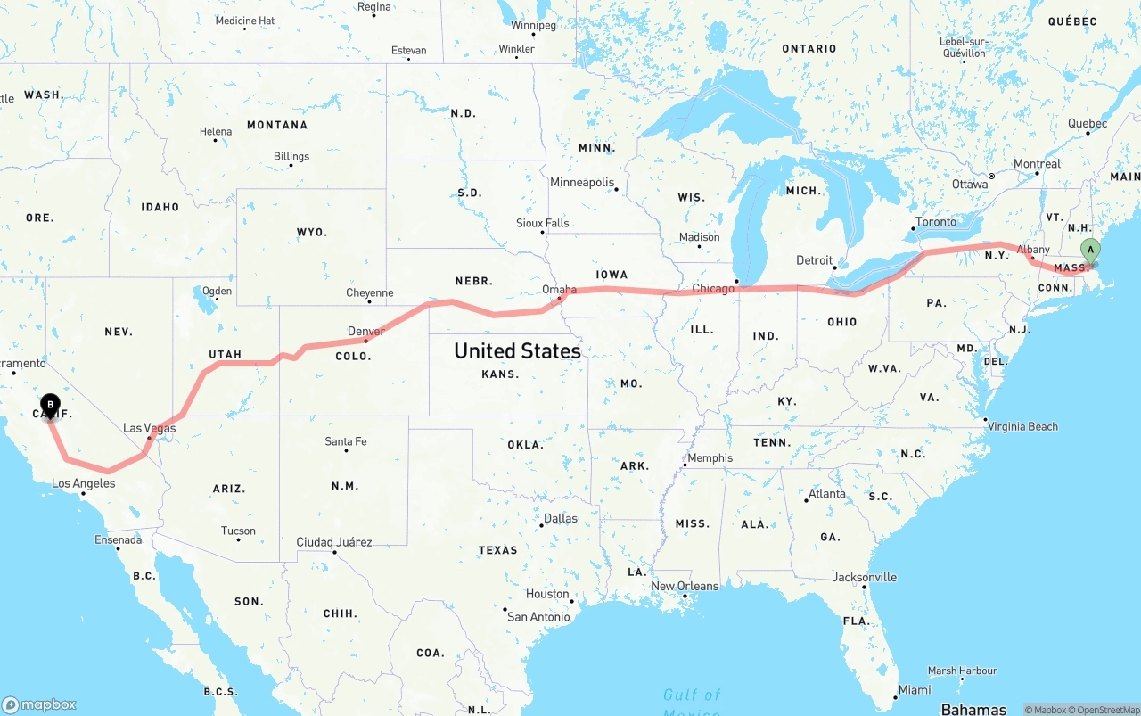 Shipping route from Boston to Fresno