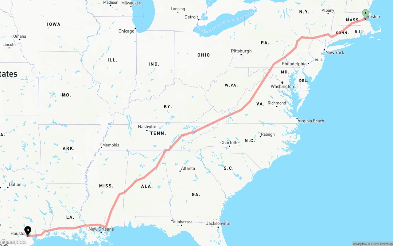 Shipping route from Boston to Houston