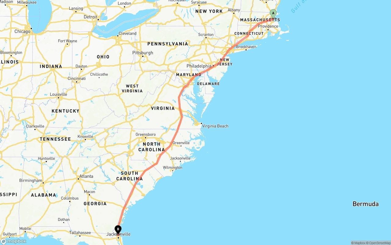 Shipping route from Boston to Jacksonville International Airport
