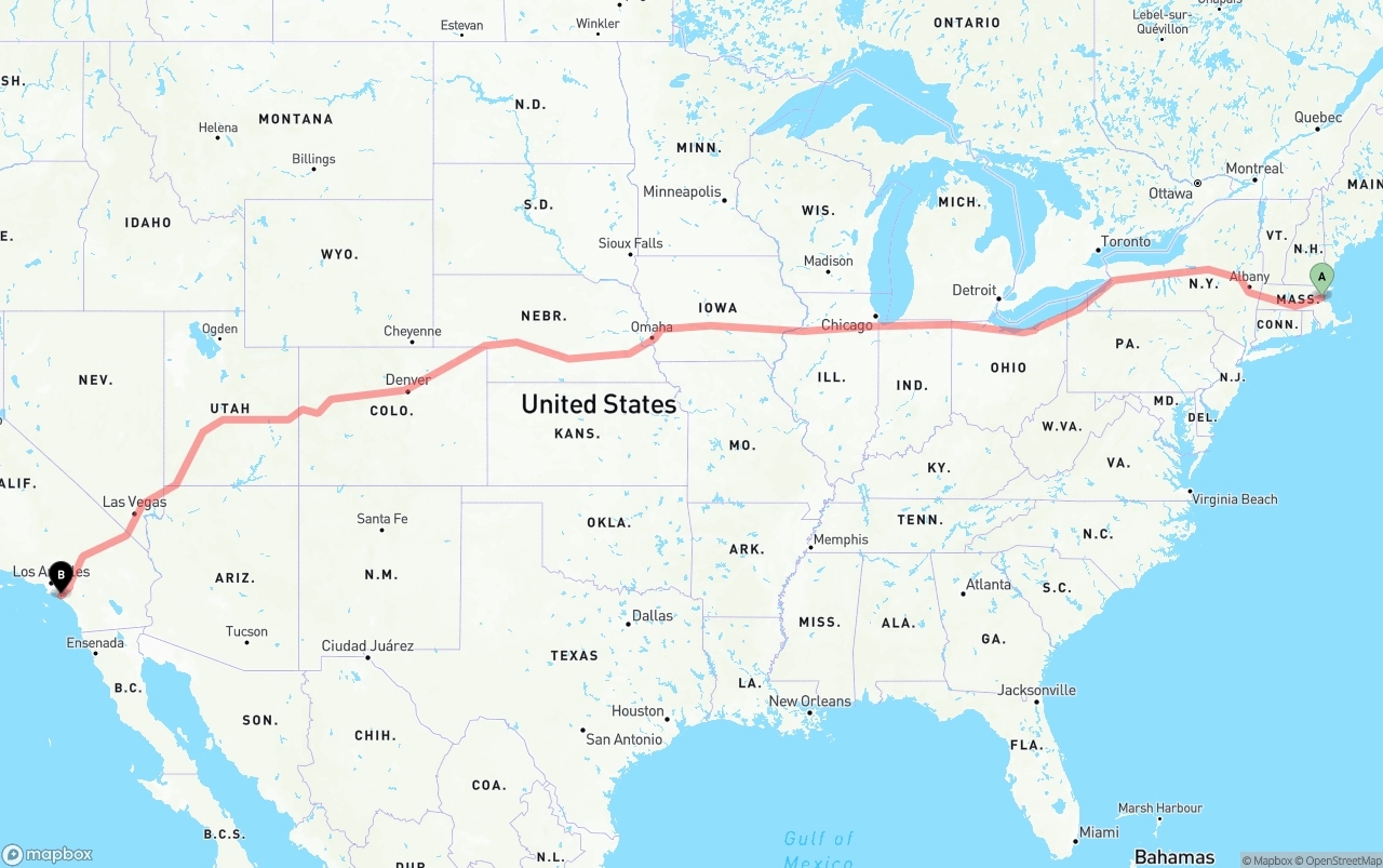 Shipping route from Boston to John Wayne Airport — Orange County