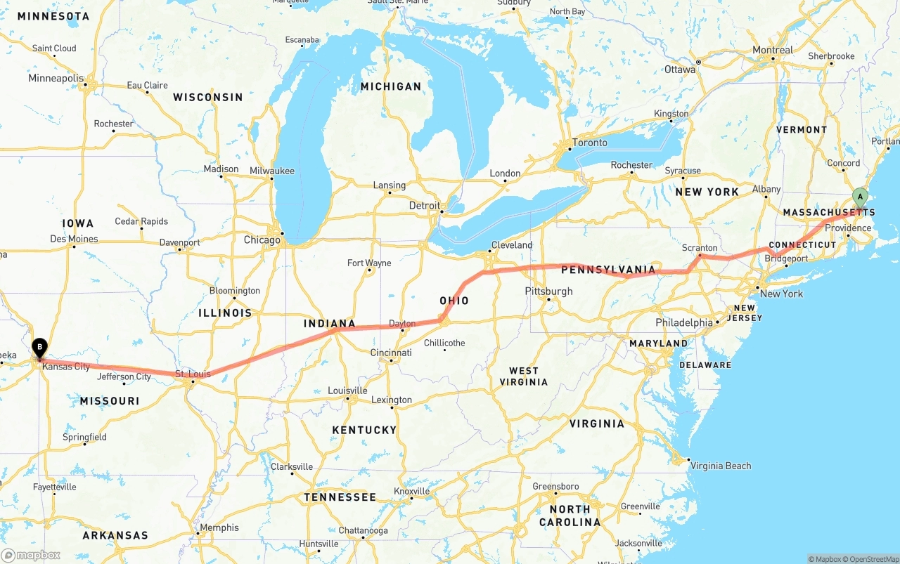Shipping route from Boston to Kansas City