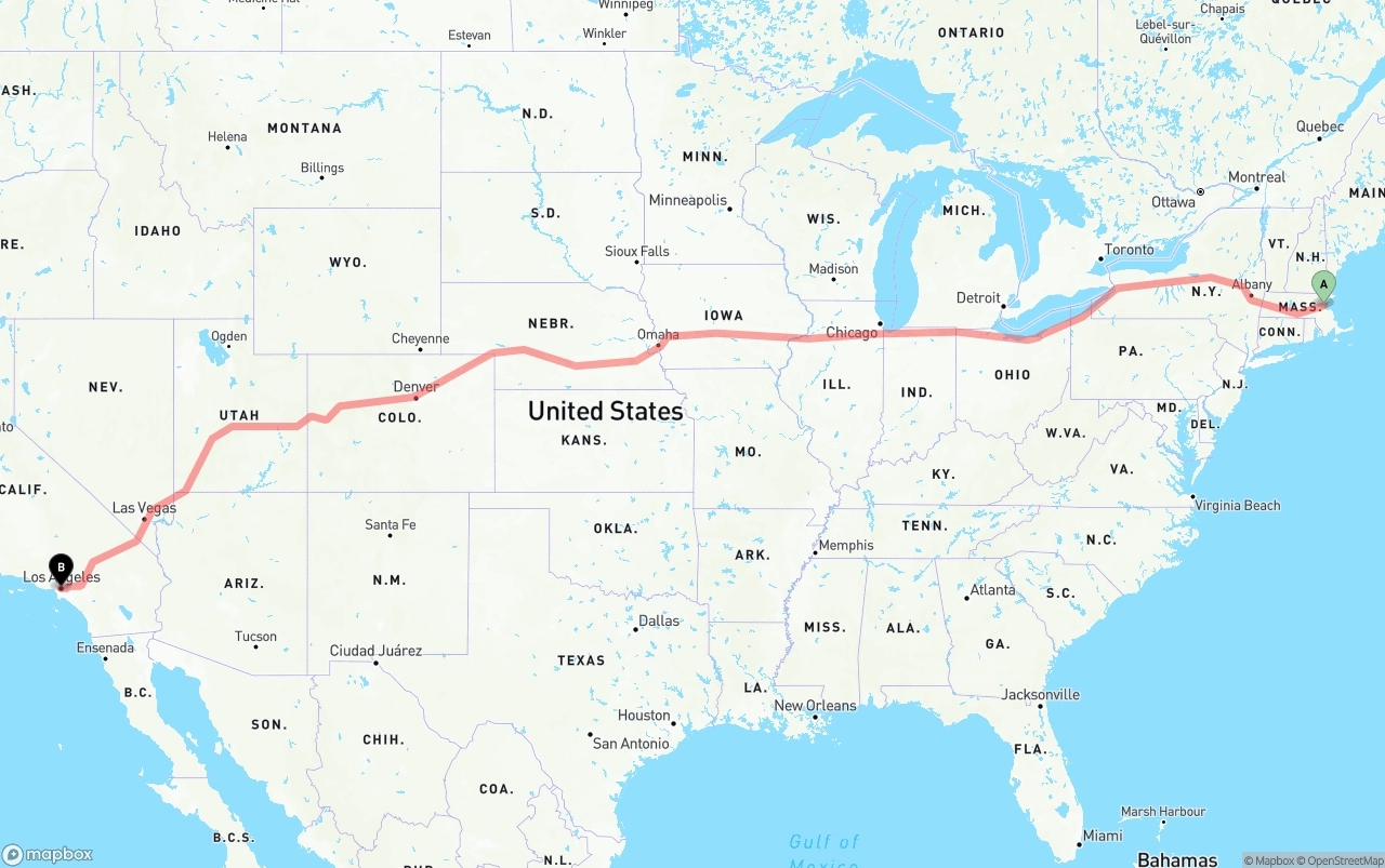 Shipping route from Boston to Los Angeles