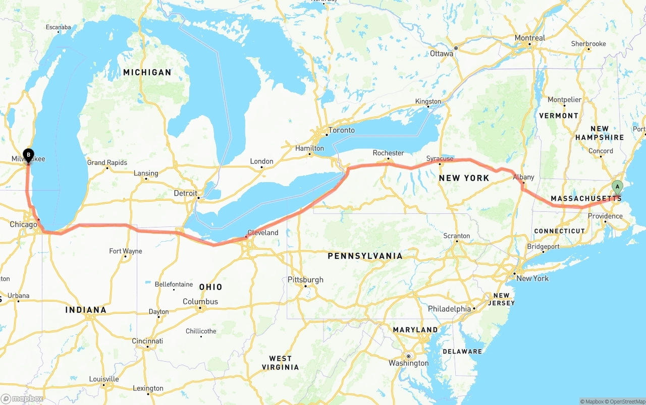Shipping route from Boston to Milwaukee